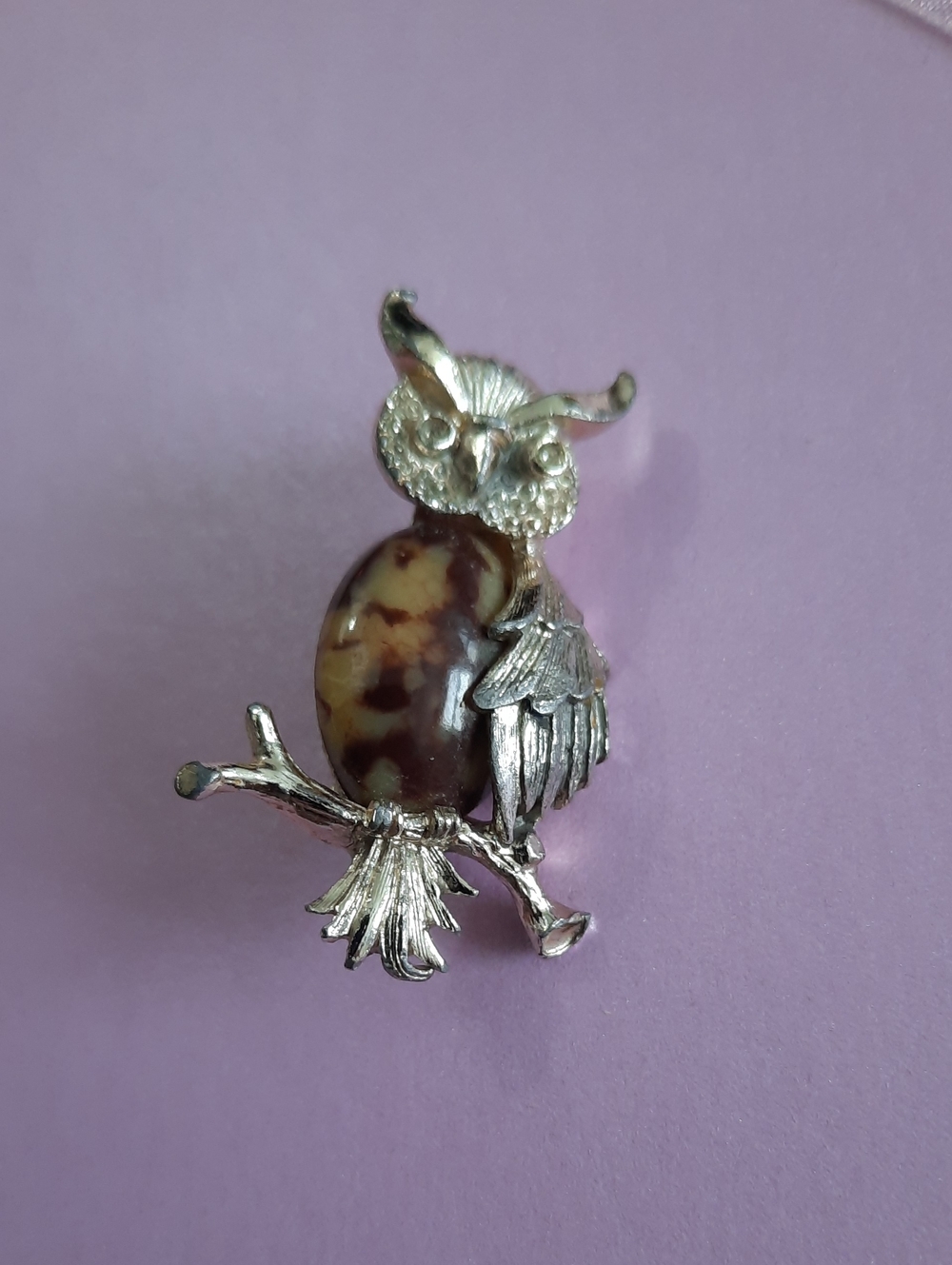 Gerry's Silver-tone Owl Brooch with Agate Stone Accent